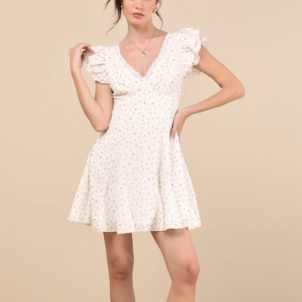 Lulus Eben Ivory Ditsy Floral Flutter Sleeve Mini Dress - SIze L